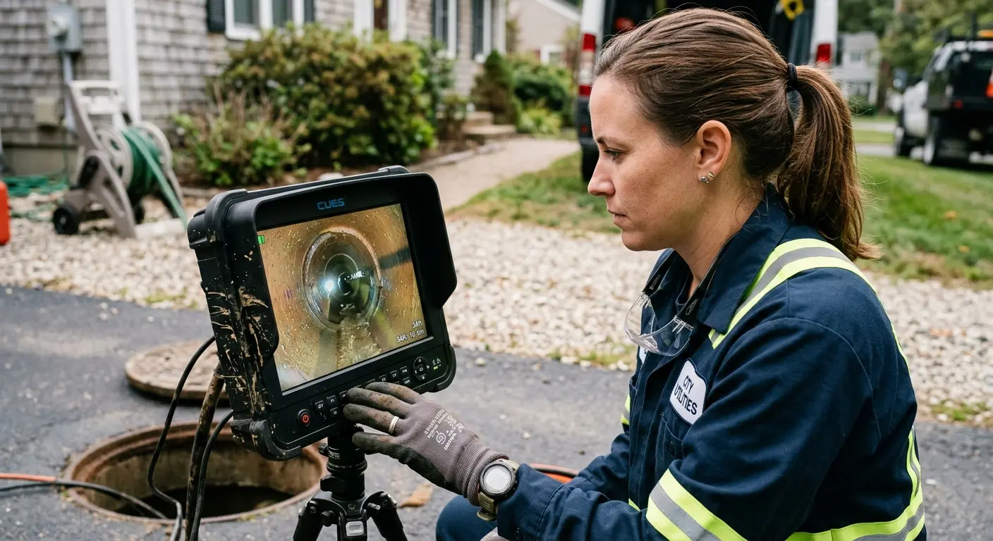 Technician reviewing sewer camera inspection footage in Burton