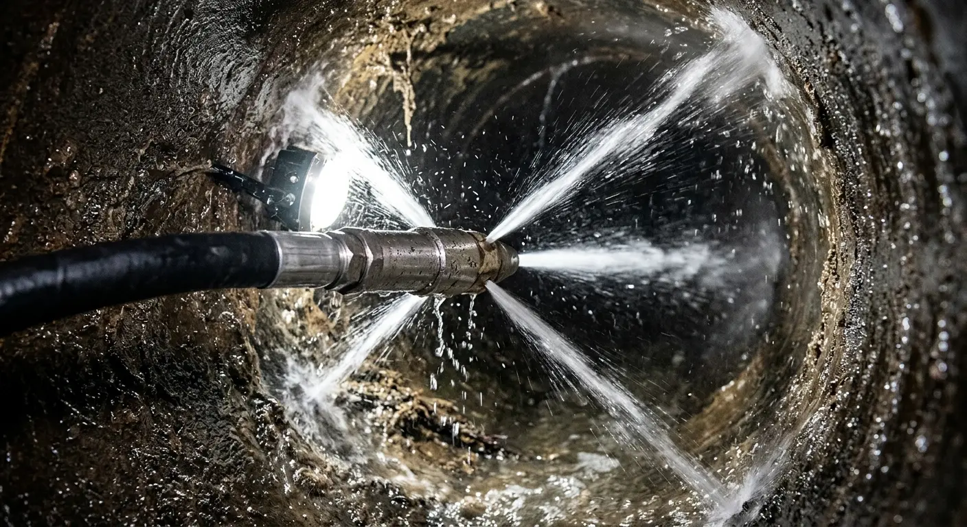 High-pressure hydro jetting nozzle cleaning sewer pipe for Emergency Drain Service in Burton
