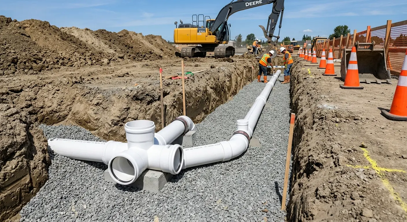 New PVC sewer pipe installation in open trench for Sewer Backup in Burton